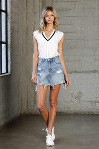 Stephanie High Waist Frayed Mini Denim Skirt