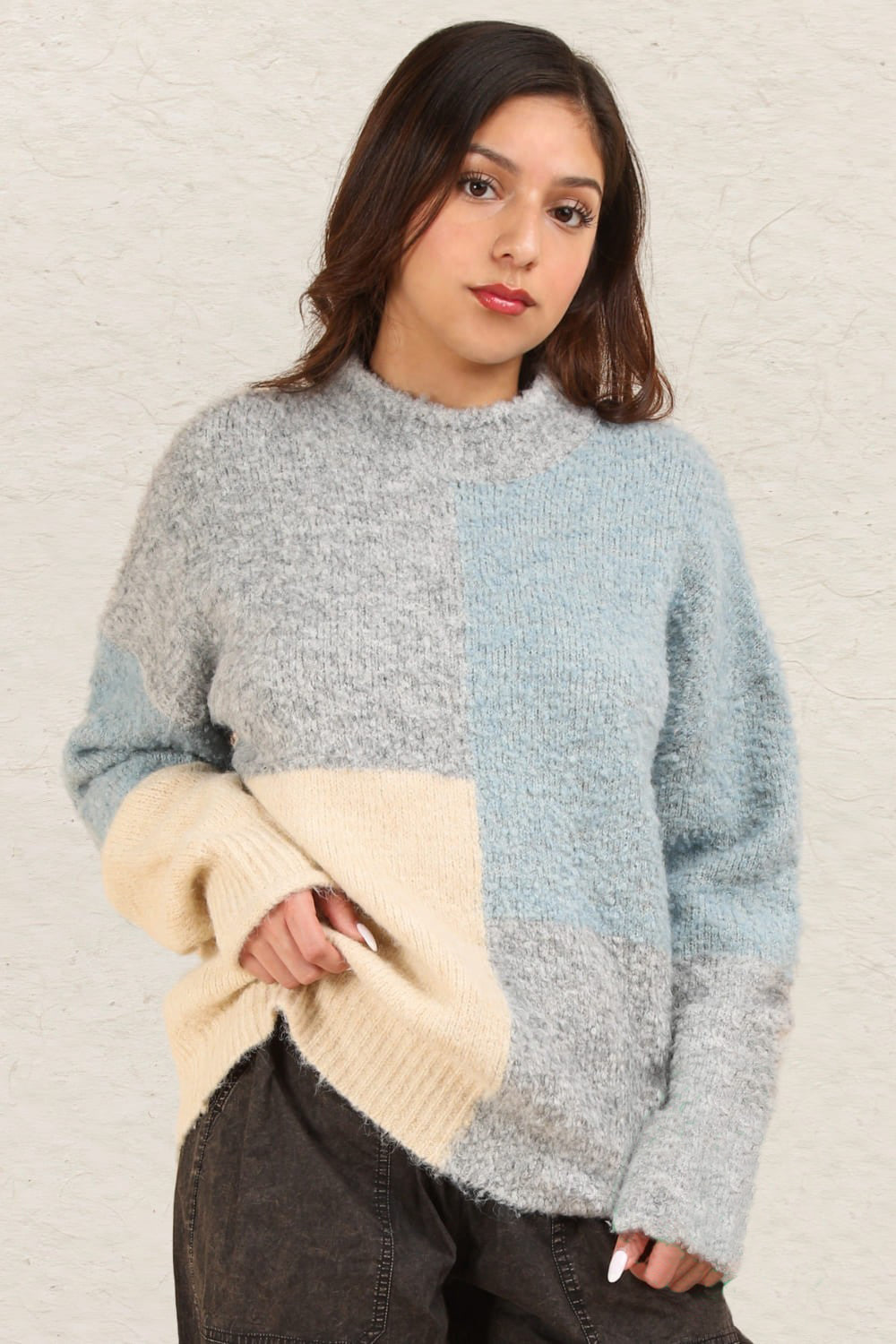 Cara Color Block Mock Neck Drop Shoulder Sweater