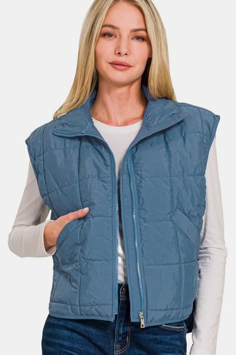 Zip Up Cropped Puffer Vest with Pockets