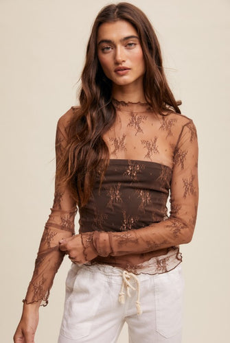 Mocha Lace Mock Neck Layering Top