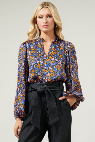 Begonia Floral Shimmy Balloon Sleeve Top