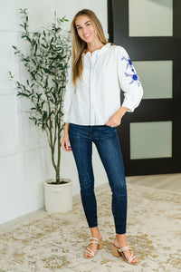 PREORDER: Machine Embroidered Details Ruffle Neck Blouse